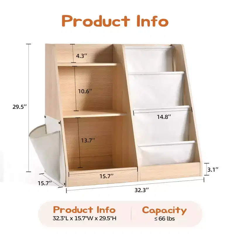 MAYEERTY Scaffale a 3 Ripiani e Contenitore per Giocattoli in Legno con Libreria a Tre Strati per Soggiorno Beige