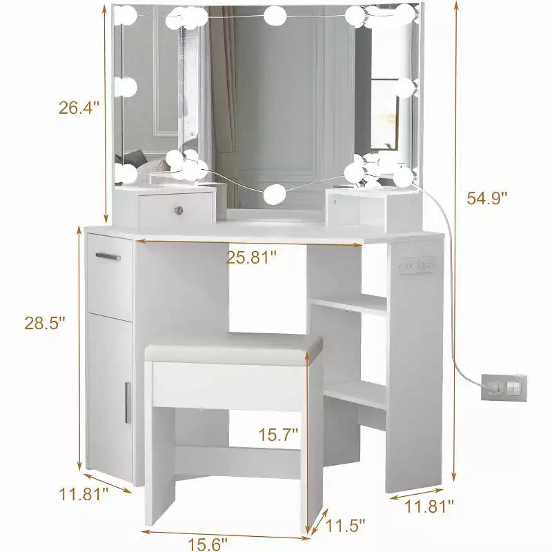Moderna Toeletta Angolare con Specchio, Presa Elettrica Incorporata, Cassetti e Armadietti, Vani a Giorno, per Camera da Letto