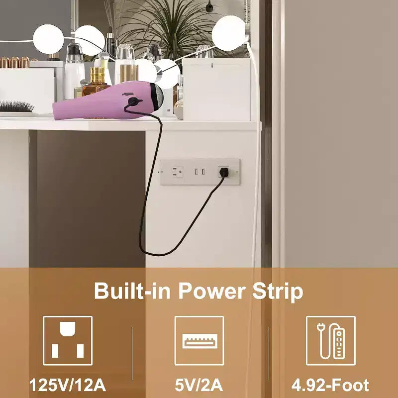 Moderna Toeletta Angolare con Specchio, Presa Elettrica Incorporata, Cassetti e Armadietti, Vani a Giorno, per Camera da Letto