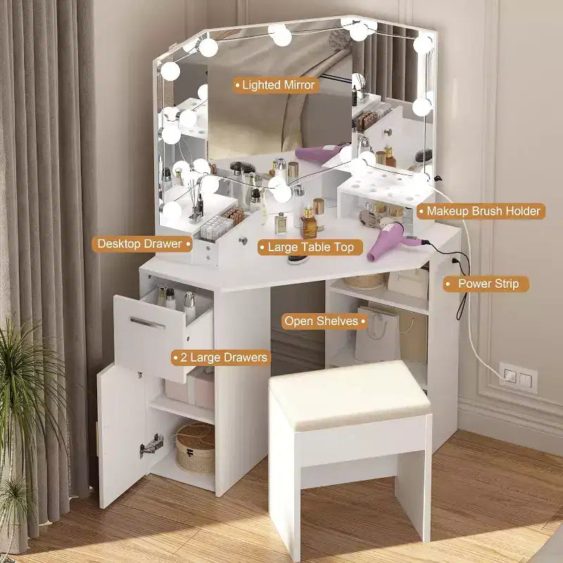 Moderna Toeletta Angolare con Specchio, Presa Elettrica Incorporata, Cassetti e Armadietti, Vani a Giorno, per Camera da Letto