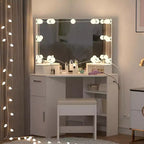 Moderna Toeletta Angolare con Specchio, Presa Elettrica Incorporata, Cassetti e Armadietti, Vani a Giorno, per Camera da Letto