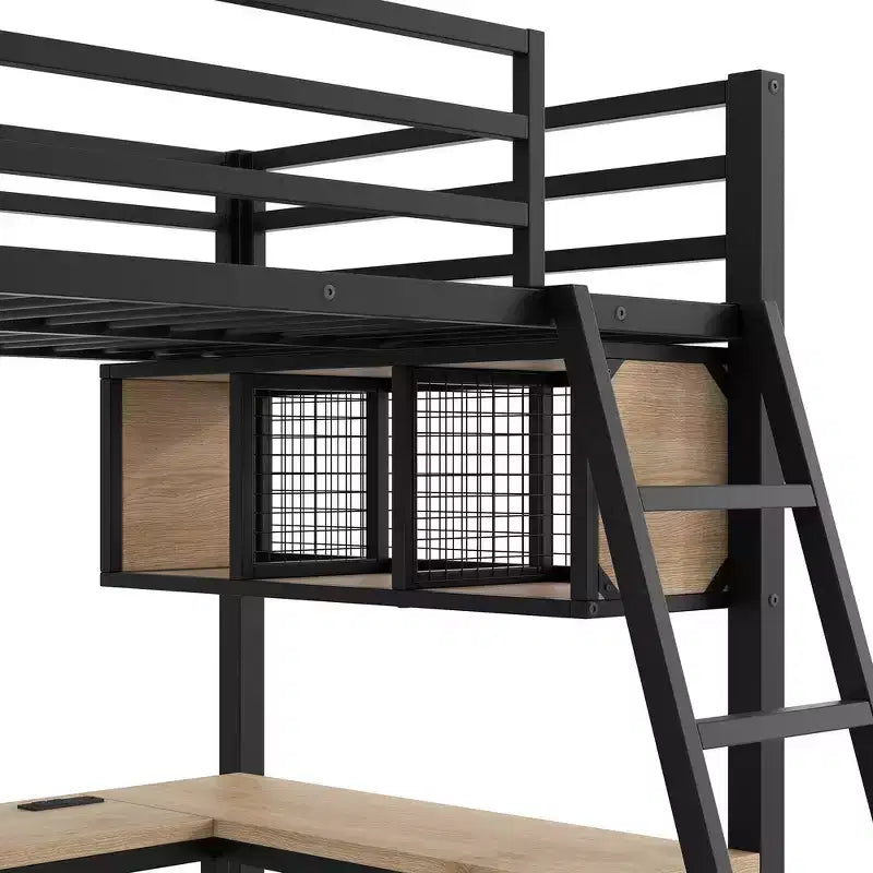 Letto a soppalco a L Whisen Twin in metallo con mensole portaoggetti e 2 scrivanie integrate - Nero