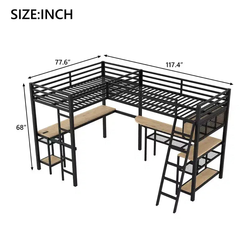 Letto a soppalco a L Whisen Twin in metallo con mensole portaoggetti e 2 scrivanie integrate - Nero