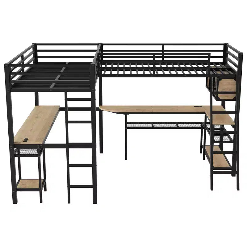 Letto a soppalco a L Whisen Twin in metallo con mensole portaoggetti e 2 scrivanie integrate - Nero