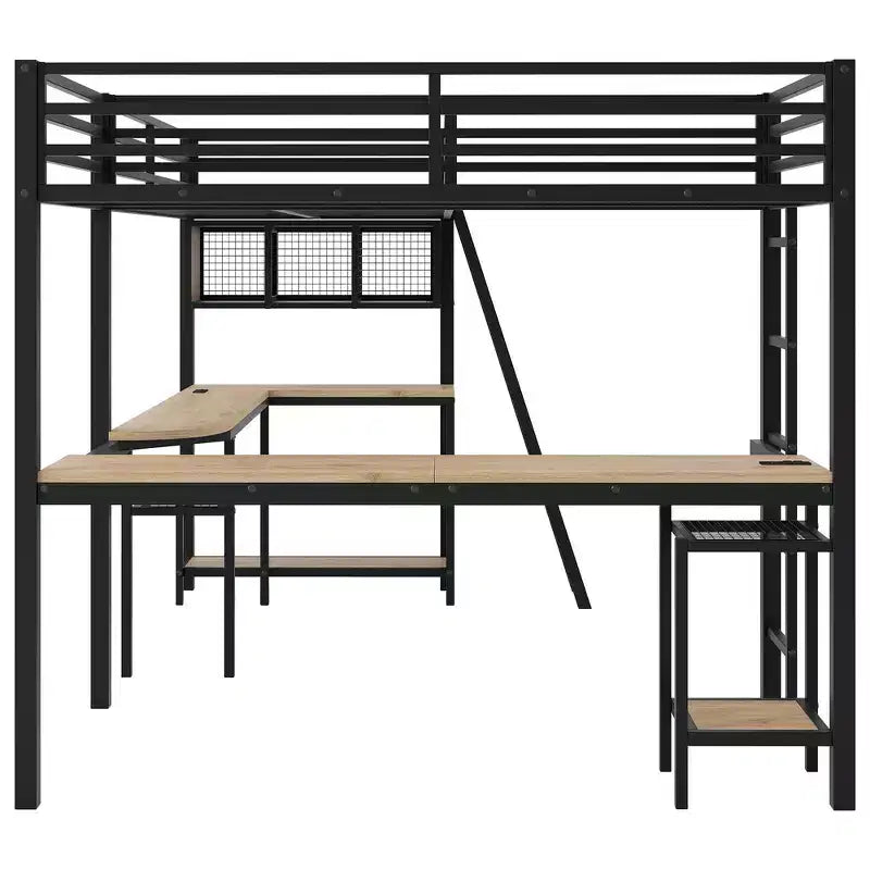 Letto a soppalco a L Whisen Twin in metallo con mensole portaoggetti e 2 scrivanie integrate - Nero