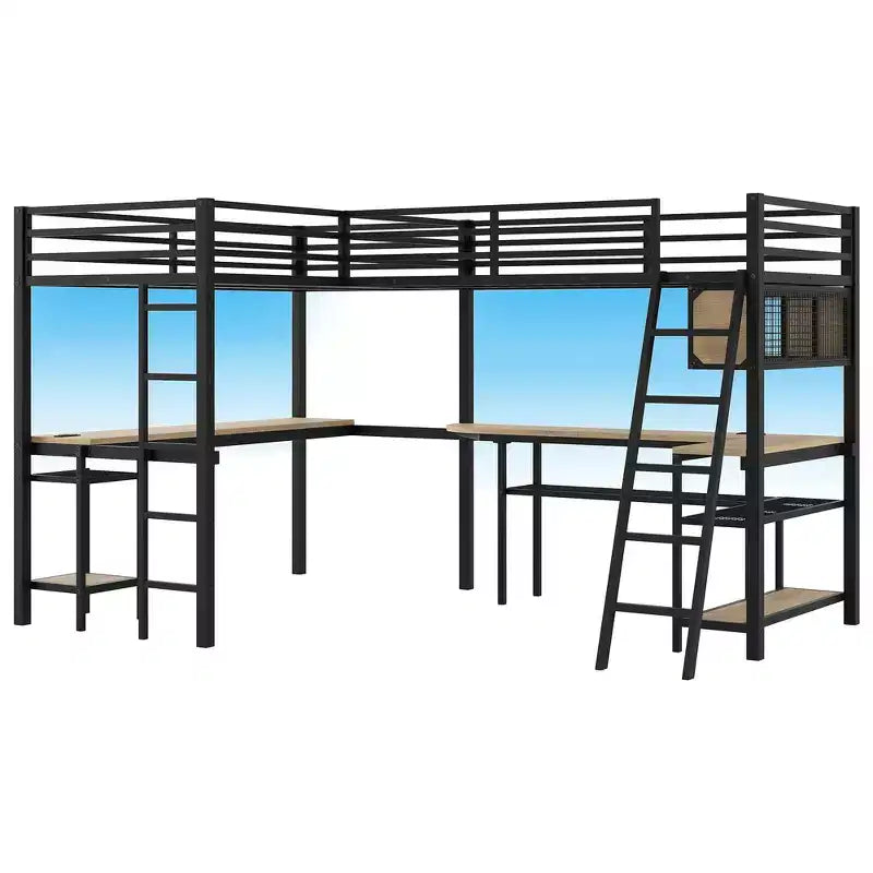 Letto a soppalco a L Whisen Twin in metallo con mensole portaoggetti e 2 scrivanie integrate - Nero