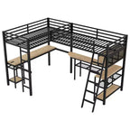 Letto a soppalco a L Whisen Twin in metallo con mensole portaoggetti e 2 scrivanie integrate - Nero