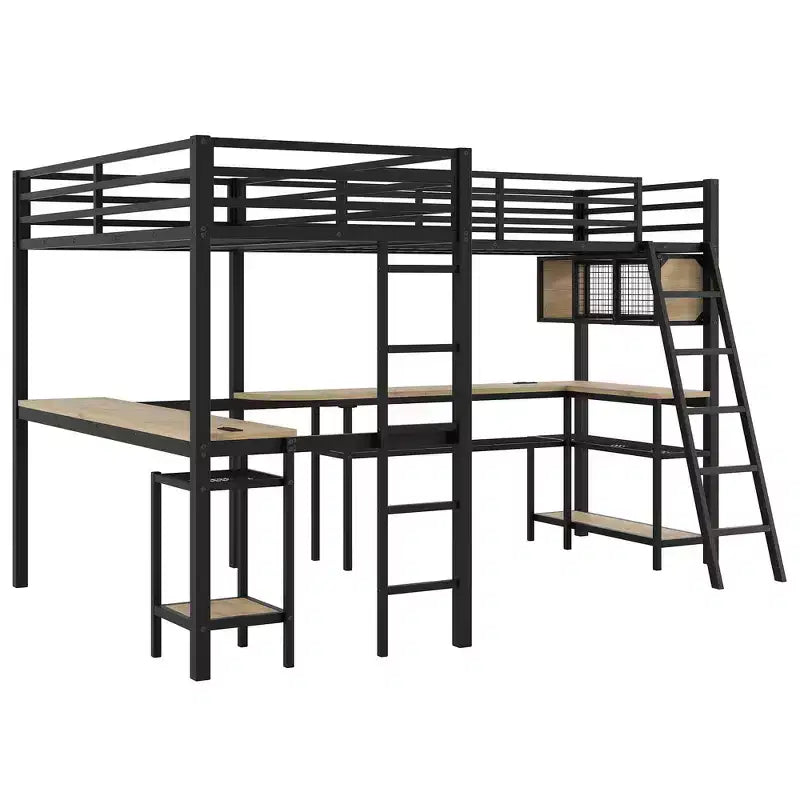 Letto a soppalco a L Whisen Twin in metallo con mensole portaoggetti e 2 scrivanie integrate - Nero
