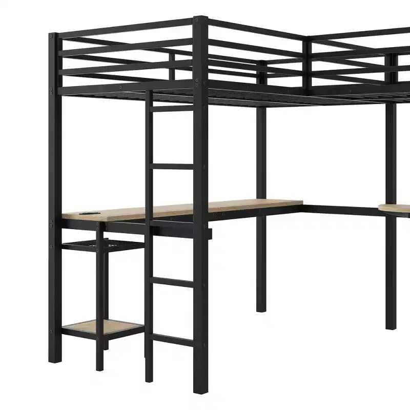 Letto a soppalco a L Whisen Twin in metallo con mensole portaoggetti e 2 scrivanie integrate - Nero
