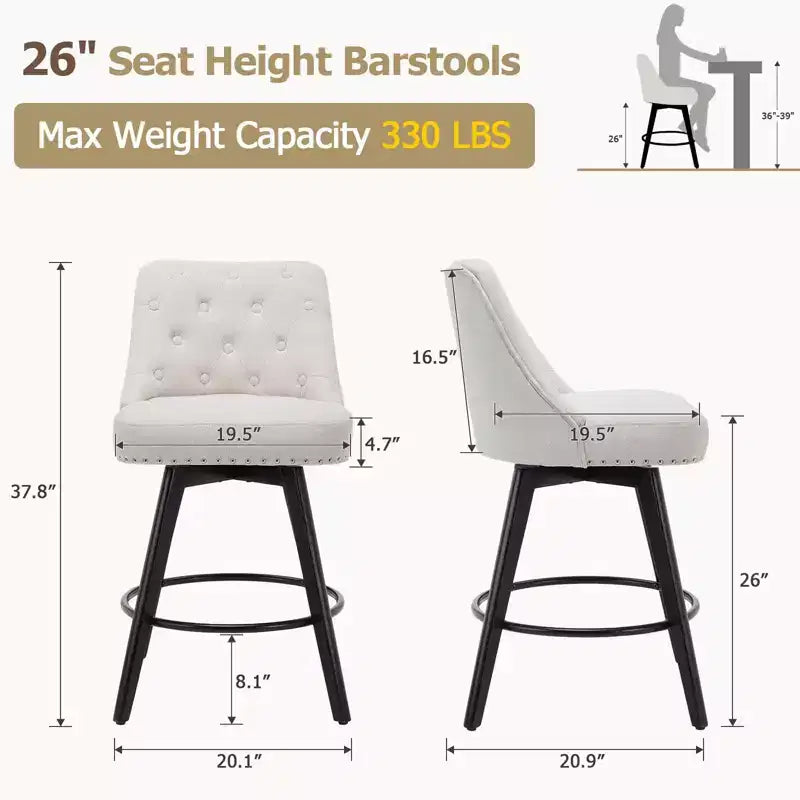 Set di 4 Sgabelli da Bar in Lino Beige - Sgabelli Girevoli da 66 cm (Altezza Bancone) con Schienale e Gambe in Legno per Isola Cucina e Home Bar (Design Moderno Imbottito)