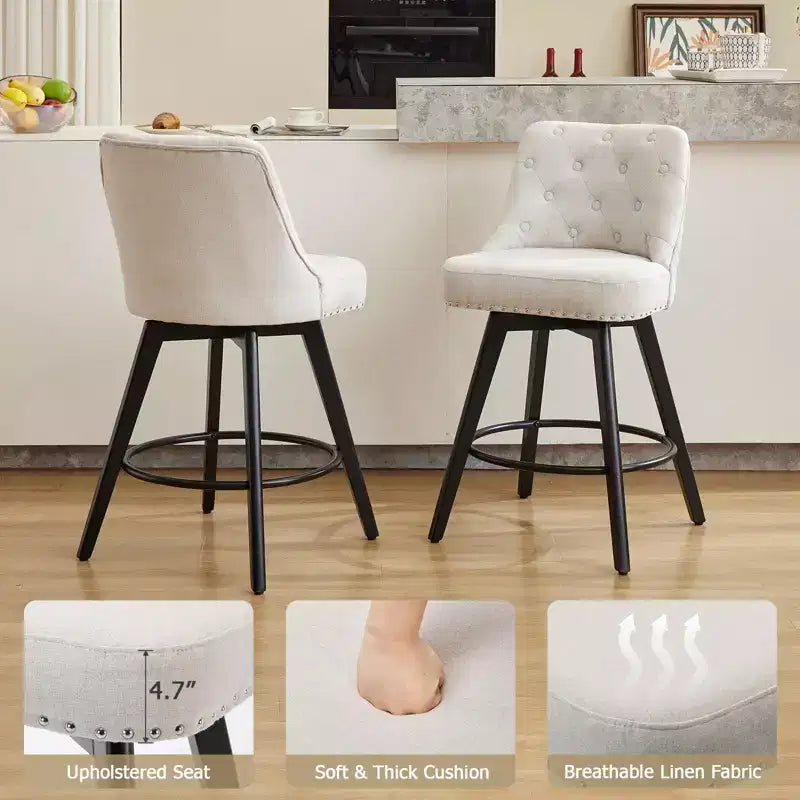 Set di 4 Sgabelli da Bar in Lino Beige - Sgabelli Girevoli da 66 cm (Altezza Bancone) con Schienale e Gambe in Legno per Isola Cucina e Home Bar (Design Moderno Imbottito)