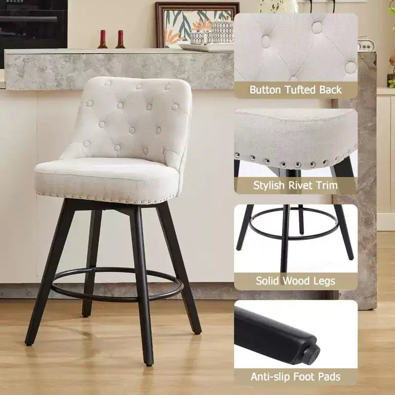 Set di 4 Sgabelli da Bar in Lino Beige - Sgabelli Girevoli da 66 cm (Altezza Bancone) con Schienale e Gambe in Legno per Isola Cucina e Home Bar (Design Moderno Imbottito)