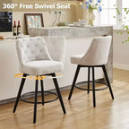 Set di 4 Sgabelli da Bar in Lino Beige - Sgabelli Girevoli da 66 cm (Altezza Bancone) con Schienale e Gambe in Legno per Isola Cucina e Home Bar (Design Moderno Imbottito)