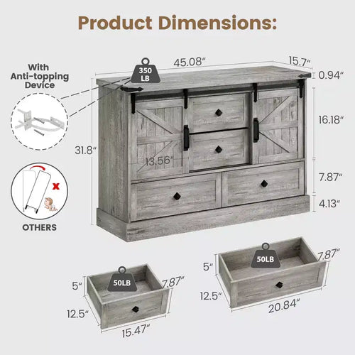 Comò a 4 cassetti per camera da letto, cassettiera in legno da 45 pollici con ante scorrevoli a fienile, mobile porta TV con cassetti grandi e maniglie a barra, per armadio, soggiorno