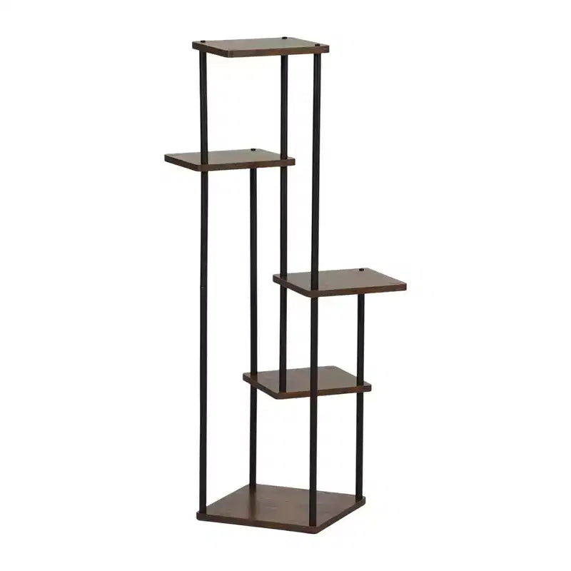 Homy Casa Porta piante a 5 livelli con mensole rustiche marroni e struttura in metallo nero, scaffale ad angolo