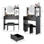 Toeletta con specchio e luci, Set da trucco con prese di corrente e sedia, 3 colori di illuminazione, Scrivania da trucco con 3 cassetti