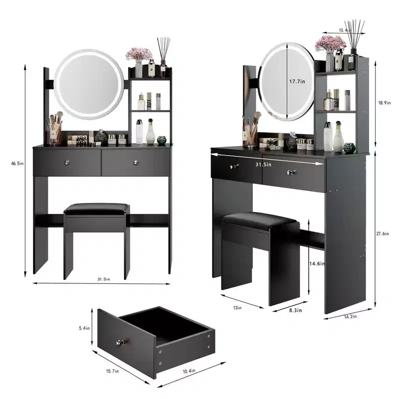 Toeletta con specchio e luci, Set da trucco con prese di corrente e sedia, 3 colori di illuminazione, Scrivania da trucco con 3 cassetti