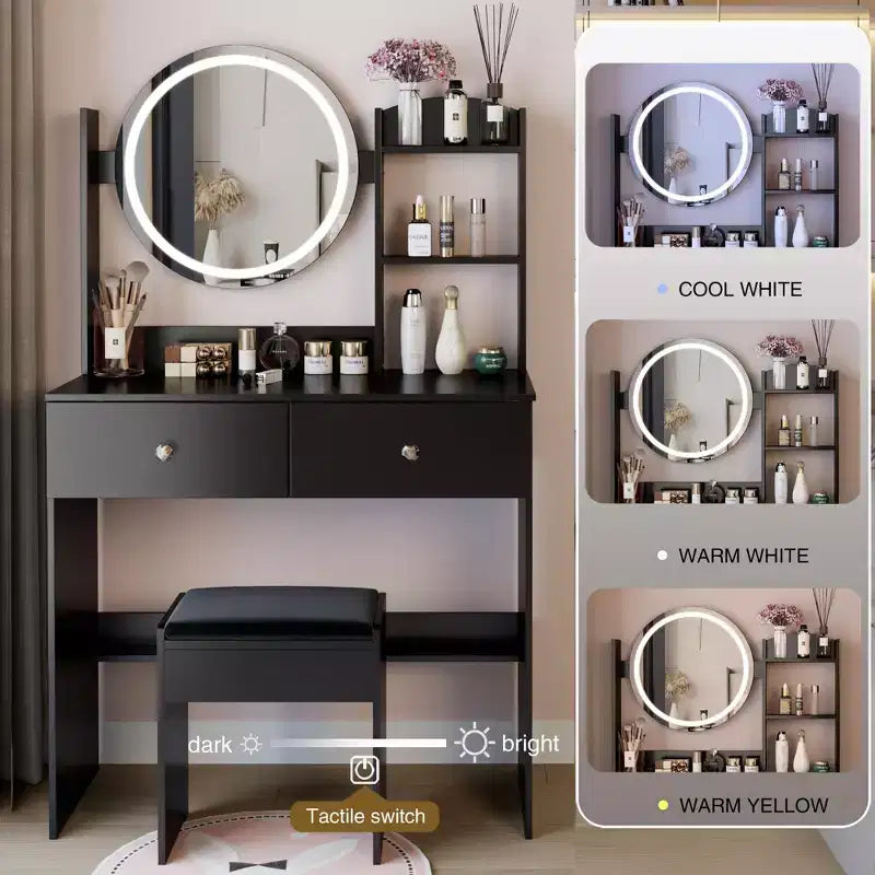 Toeletta con specchio e luci, Set da trucco con prese di corrente e sedia, 3 colori di illuminazione, Scrivania da trucco con 3 cassetti