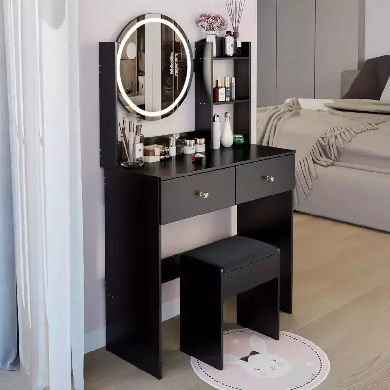 Toeletta con specchio e luci, Set da trucco con prese di corrente e sedia, 3 colori di illuminazione, Scrivania da trucco con 3 cassetti