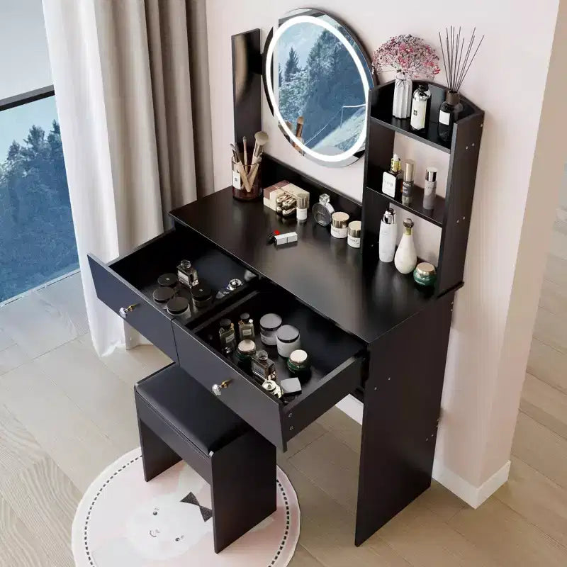 Toeletta con specchio e luci, Set da trucco con prese di corrente e sedia, 3 colori di illuminazione, Scrivania da trucco con 3 cassetti