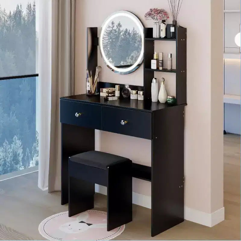 Toeletta con specchio e luci, Set da trucco con prese di corrente e sedia, 3 colori di illuminazione, Scrivania da trucco con 3 cassetti