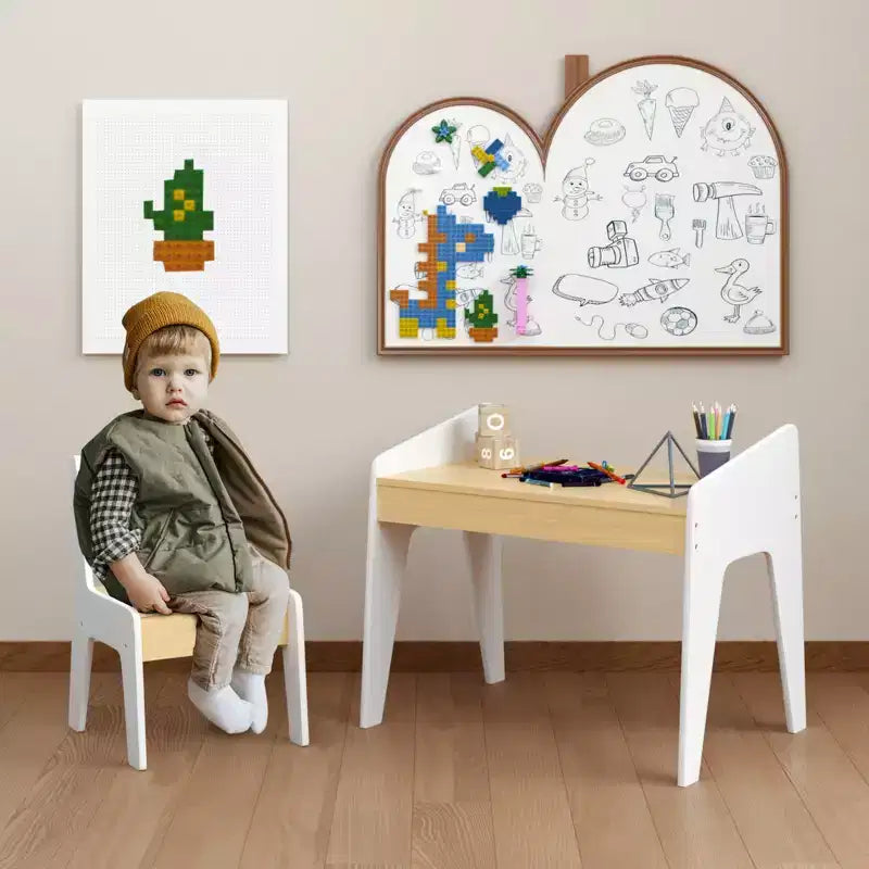 Set Tavolo e Sedia in Legno per Bambini (1 sedia inclusa), ideale per lavoretti, merende, studio a casa, compiti e altro.