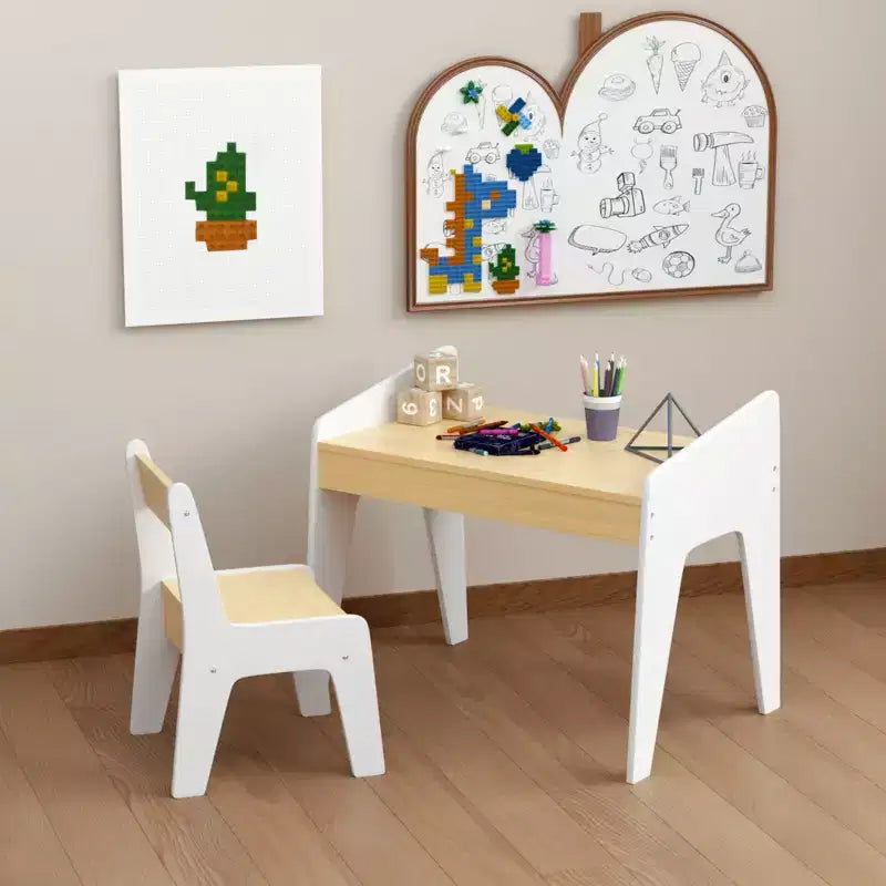 Set Tavolo e Sedia in Legno per Bambini (1 sedia inclusa), ideale per lavoretti, merende, studio a casa, compiti e altro.