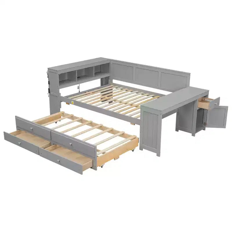 Whisen Divano Letto Matrimoniale & Letto a Piattaforma con Ripiani Portaoggetti, Cassetti, Letto Estraibile, Scrivania e Mobiletto