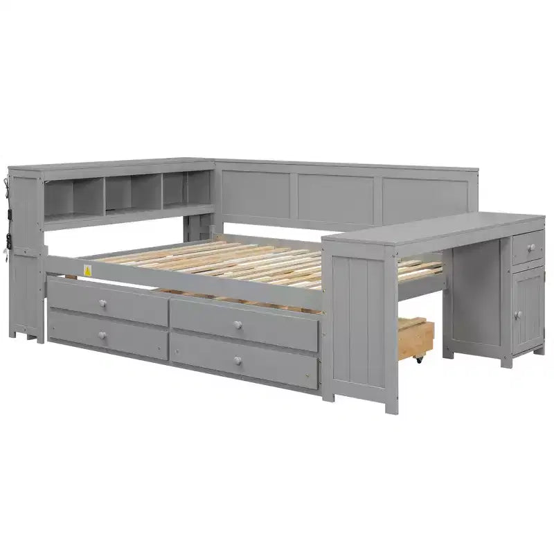 Whisen Divano Letto Matrimoniale & Letto a Piattaforma con Ripiani Portaoggetti, Cassetti, Letto Estraibile, Scrivania e Mobiletto