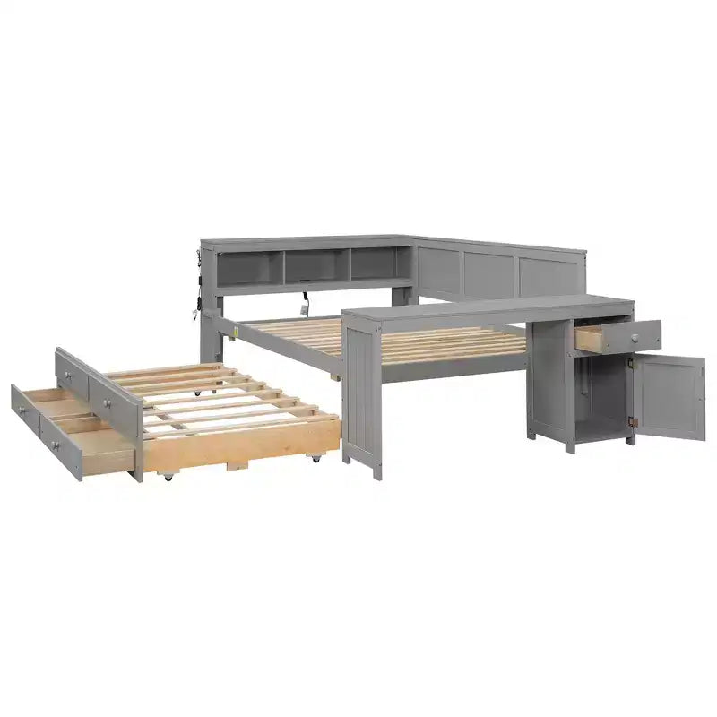 Whisen Divano Letto Matrimoniale & Letto a Piattaforma con Ripiani Portaoggetti, Cassetti, Letto Estraibile, Scrivania e Mobiletto