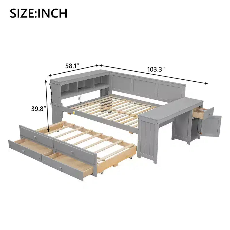 Whisen Divano Letto Matrimoniale & Letto a Piattaforma con Ripiani Portaoggetti, Cassetti, Letto Estraibile, Scrivania e Mobiletto