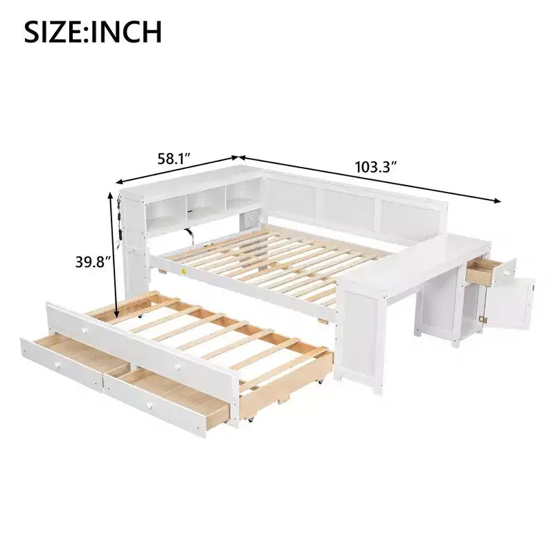 Whisen Divano Letto Matrimoniale & Letto a Piattaforma con Ripiani Portaoggetti, Cassetti, Letto Estraibile, Scrivania e Mobiletto