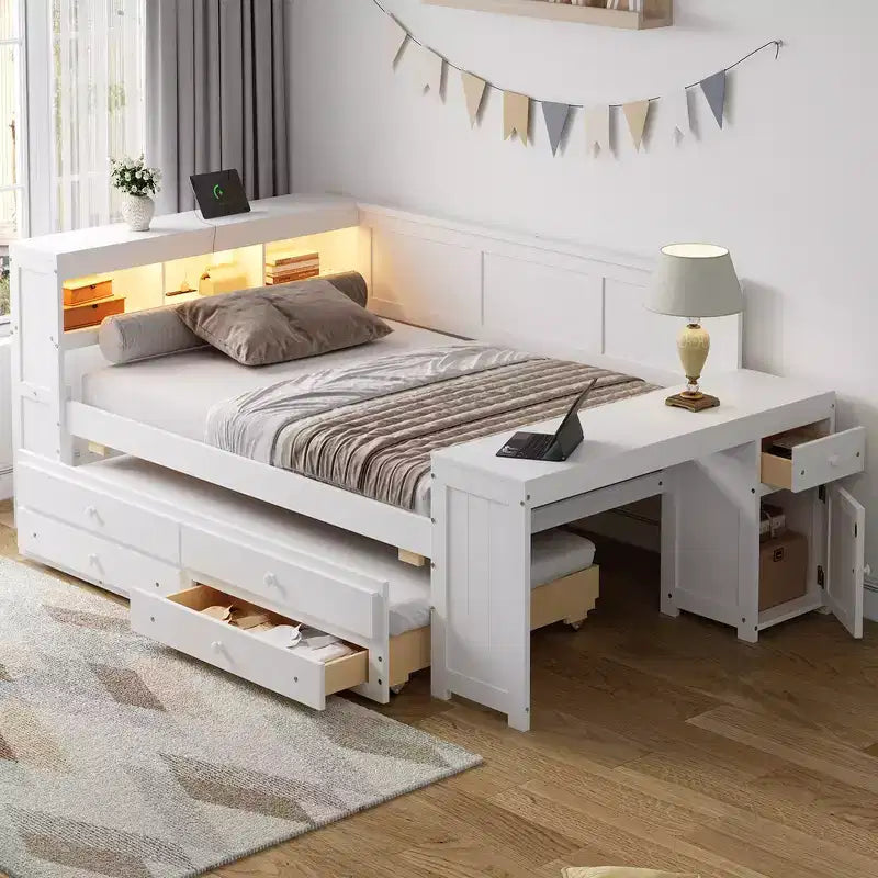 Whisen Divano Letto Matrimoniale & Letto a Piattaforma con Ripiani Portaoggetti, Cassetti, Letto Estraibile, Scrivania e Mobiletto