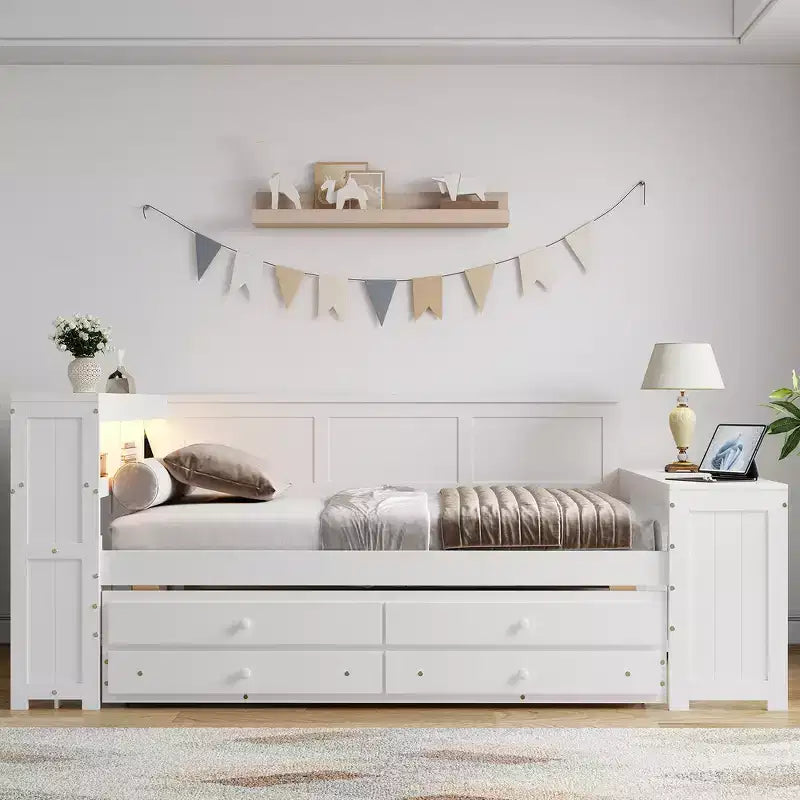 Whisen Divano Letto Matrimoniale & Letto a Piattaforma con Ripiani Portaoggetti, Cassetti, Letto Estraibile, Scrivania e Mobiletto