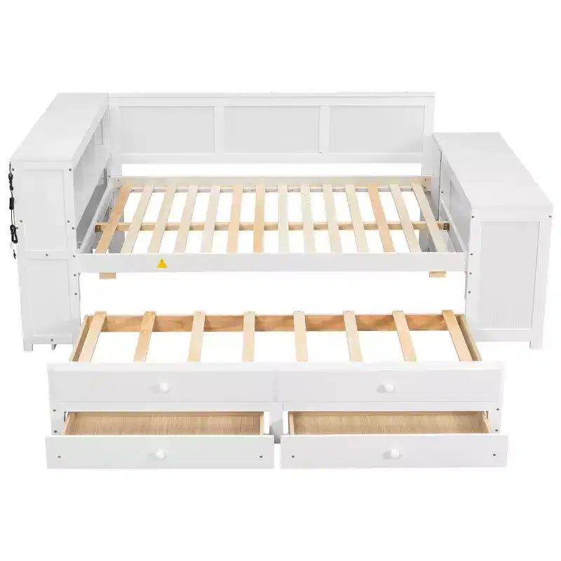 Whisen Divano Letto Matrimoniale & Letto a Piattaforma con Ripiani Portaoggetti, Cassetti, Letto Estraibile, Scrivania e Mobiletto