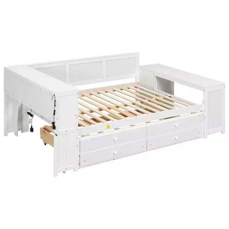 Whisen Divano Letto Matrimoniale & Letto a Piattaforma con Ripiani Portaoggetti, Cassetti, Letto Estraibile, Scrivania e Mobiletto