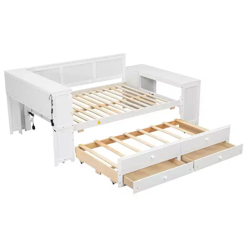 Whisen Divano Letto Matrimoniale & Letto a Piattaforma con Ripiani Portaoggetti, Cassetti, Letto Estraibile, Scrivania e Mobiletto