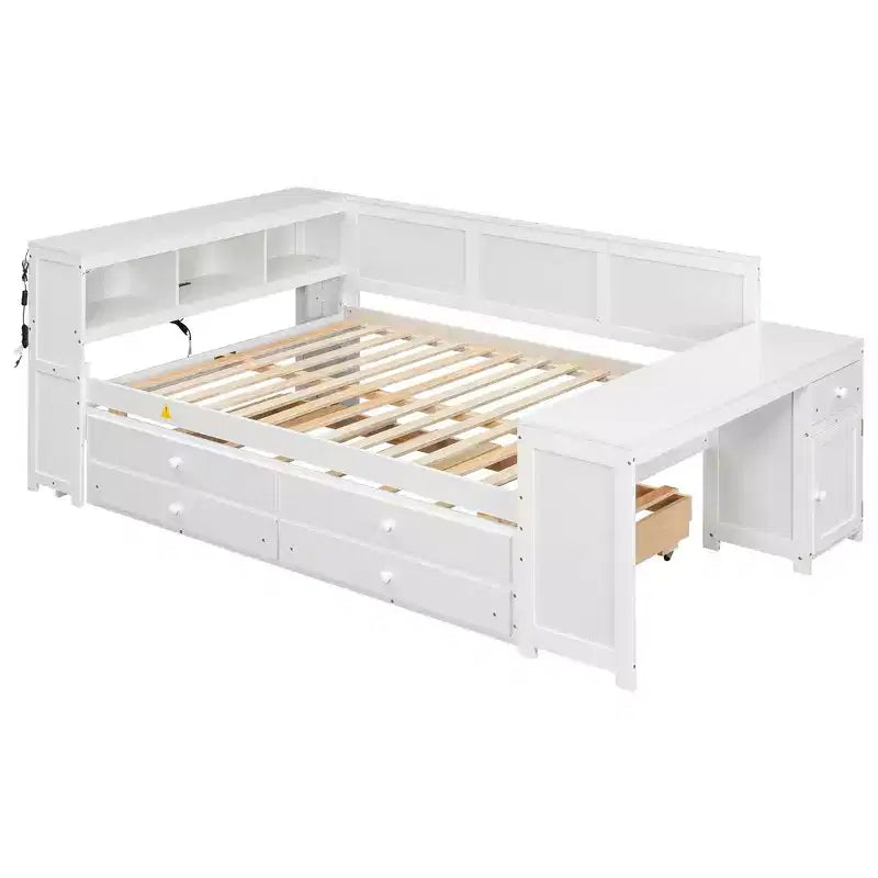 Whisen Divano Letto Matrimoniale & Letto a Piattaforma con Ripiani Portaoggetti, Cassetti, Letto Estraibile, Scrivania e Mobiletto