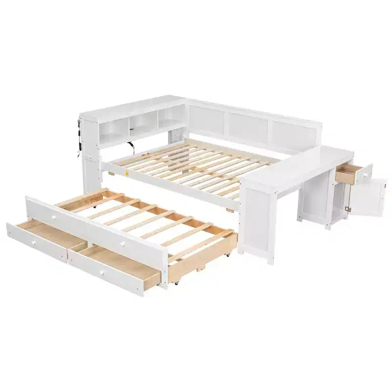 Whisen Divano Letto Matrimoniale & Letto a Piattaforma con Ripiani Portaoggetti, Cassetti, Letto Estraibile, Scrivania e Mobiletto