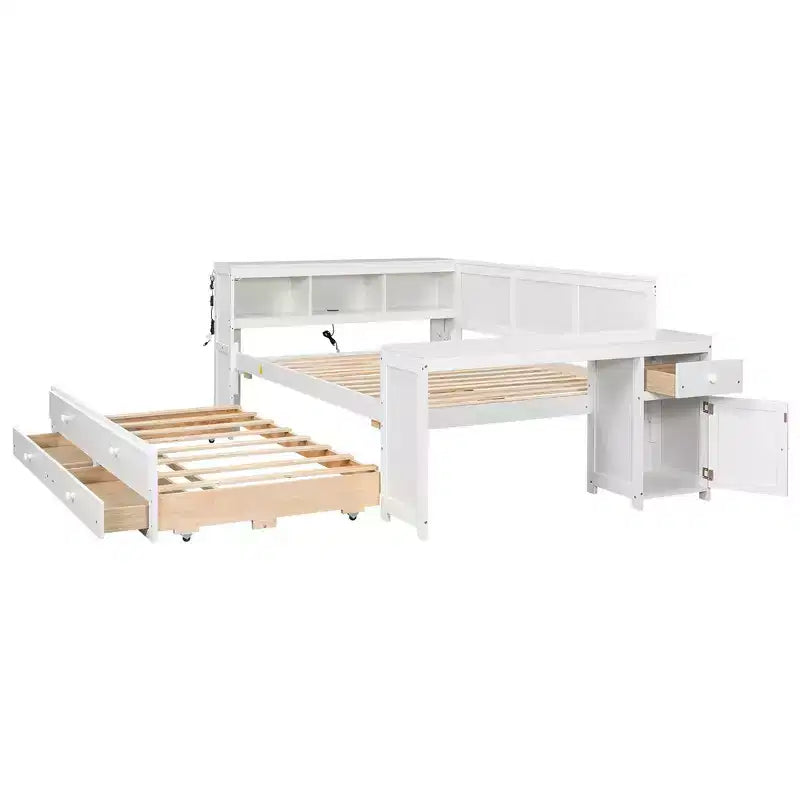 Whisen Divano Letto Matrimoniale & Letto a Piattaforma con Ripiani Portaoggetti, Cassetti, Letto Estraibile, Scrivania e Mobiletto