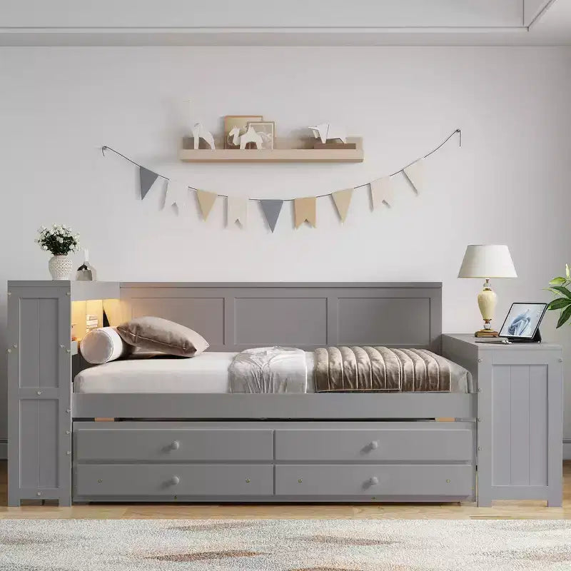 Whisen Divano Letto Matrimoniale & Letto a Piattaforma con Ripiani Portaoggetti, Cassetti, Letto Estraibile, Scrivania e Mobiletto