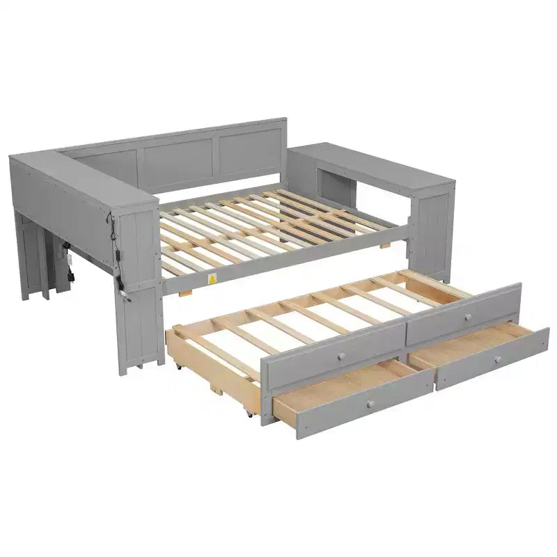 Whisen Divano Letto Matrimoniale & Letto a Piattaforma con Ripiani Portaoggetti, Cassetti, Letto Estraibile, Scrivania e Mobiletto