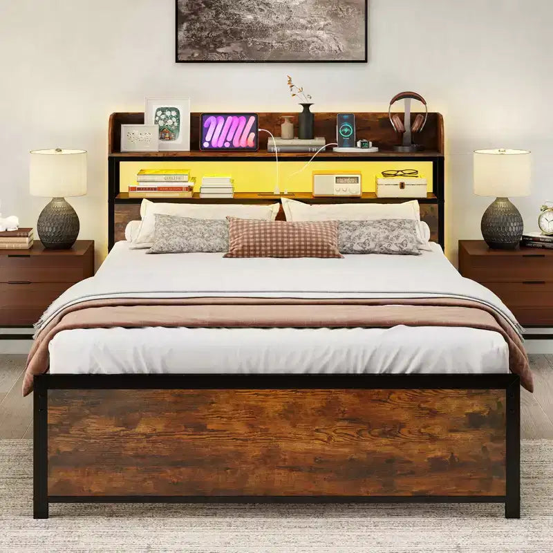 Struttura letto Coatway Full/Queen/King con luci LED, prese di corrente, testiera con vani portaoggetti, supporto a doghe in metallo
