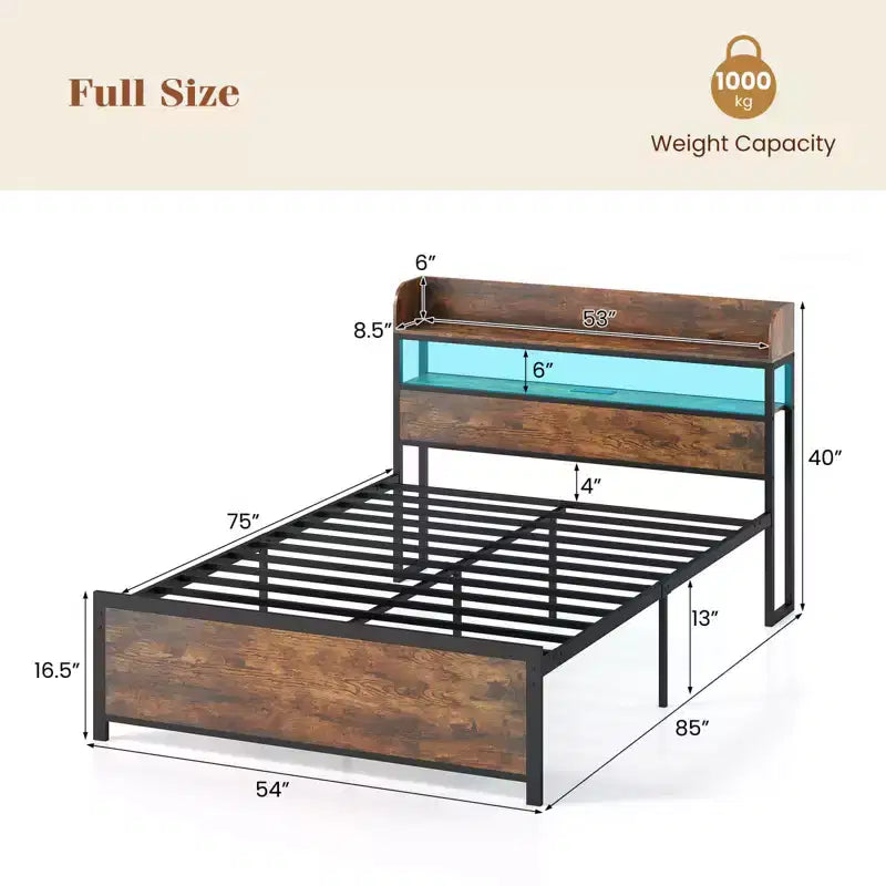 Struttura letto Coatway Full/Queen/King con luci LED, prese di corrente, testiera con vani portaoggetti, supporto a doghe in metallo