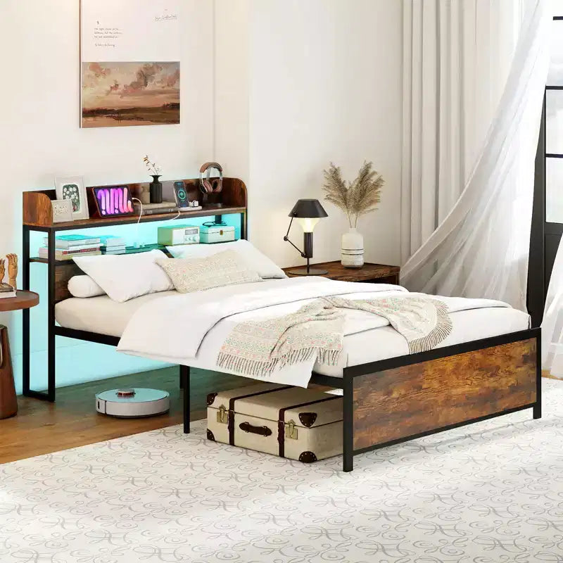 Struttura letto Coatway Full/Queen/King con luci LED, prese di corrente, testiera con vani portaoggetti, supporto a doghe in metallo