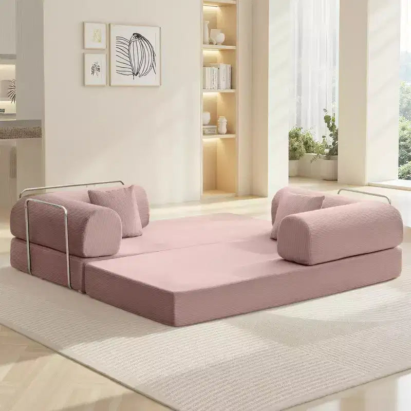 Divano letto convertibile in velluto a coste rosa chiaro da 78,7 pollici, struttura in metallo, divano pieghevole da terra (taglia grande)