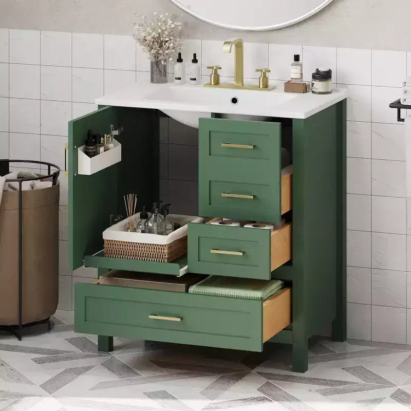 Set Combinato Mobile Lavabo Bagno, Mobile Lavabo Bagno in Legno con Cassetti e Ante, con Vassoio Estraibile, Struttura in Legno Massello Adatto per il bagno