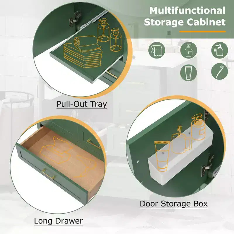 Set Combinato Mobile Lavabo Bagno, Mobile Lavabo Bagno in Legno con Cassetti e Ante, con Vassoio Estraibile, Struttura in Legno Massello Adatto per il bagno