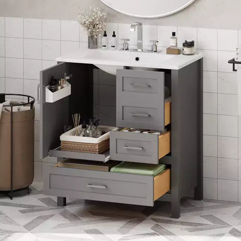 Set Combinato Mobile Lavabo Bagno, Mobile Lavabo Bagno in Legno con Cassetti e Ante, con Vassoio Estraibile, Struttura in Legno Massello Adatto per il bagno