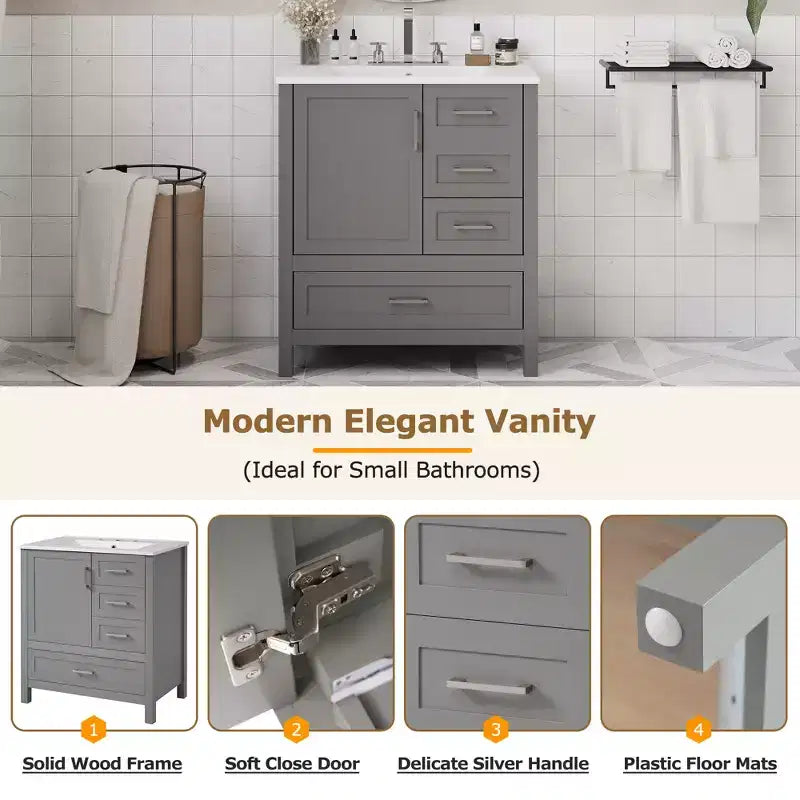 Set Combinato Mobile Lavabo Bagno, Mobile Lavabo Bagno in Legno con Cassetti e Ante, con Vassoio Estraibile, Struttura in Legno Massello Adatto per il bagno